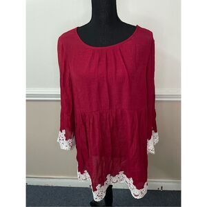 Cal Style Red Long Blouse with 3/4 Sleeve Size Large